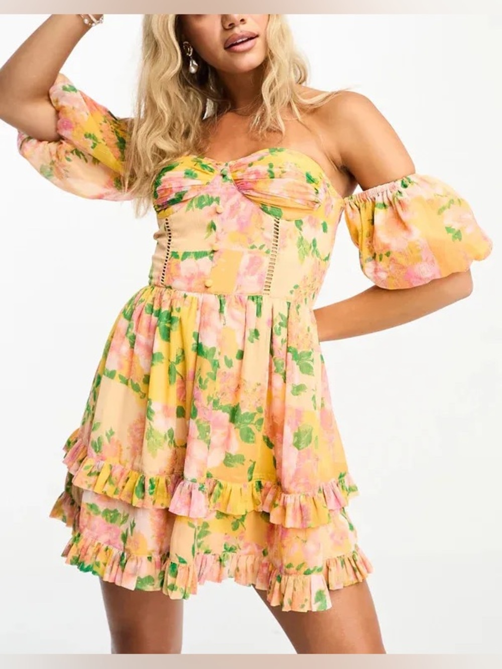 Miss Selfridge Floral Ruffle Off-Shoulder Mini Dress Yellow/Pink 6